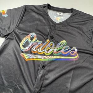 Orioles Pride Rainbow Baseball Jersey Black Button Front Short Sleeve O’s XL